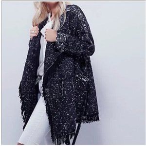 FREE PEOPLE Fringe Wrap Tweed Wool Blend Blanket Coat S